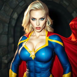 A close-up shot of a gorgeous white female superhero, featuring a strong and confident expression