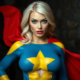 A close-up shot of a gorgeous white female superhero, featuring a strong and confident expression