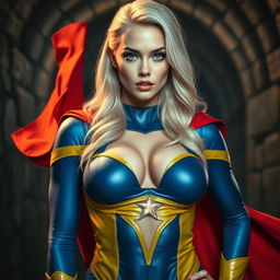 A close-up shot of a gorgeous white female superhero, featuring a strong and confident expression