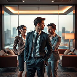 A dramatic love triangle in a modern office setting featuring a charismatic CEO, a determined female employee, and a charming male colleague