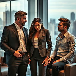 A dramatic love triangle in a modern office setting featuring a charismatic CEO, a determined female employee, and a charming male colleague