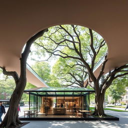 A beautifully designed narrow cafe located on a slender 100m x 7m site, with majestic old plane trees gracefully dominating the eastern and western sides