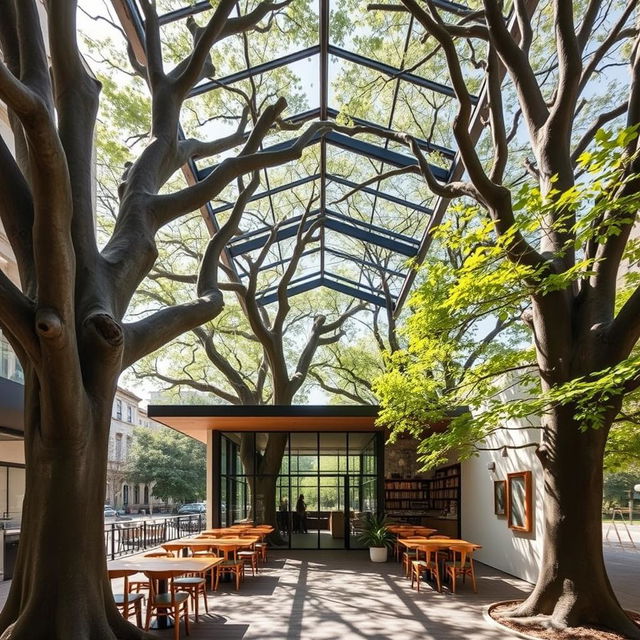 A beautifully designed narrow cafe located on a slender 100m x 7m site, with majestic old plane trees gracefully dominating the eastern and western sides