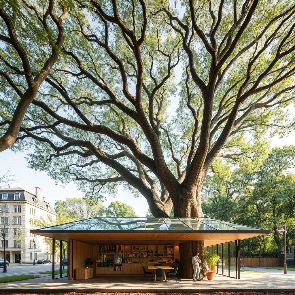 A beautifully designed narrow cafe located on a slender 100m x 7m site, with majestic old plane trees gracefully dominating the eastern and western sides