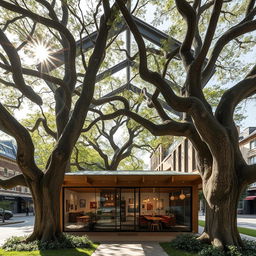 A beautifully designed narrow cafe located on a slender 100m x 7m site, with majestic old plane trees gracefully dominating the eastern and western sides