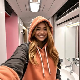 A young woman named Clara taking a selfie in an airplane bathroom, wearing a stylish hoodie with the hood up