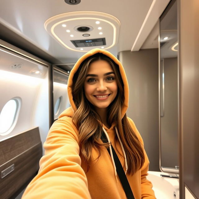 A young woman named Clara taking a selfie in an airplane bathroom, wearing a stylish hoodie with the hood up