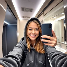 A young woman named Clara taking a selfie in an airplane bathroom, wearing a stylish hoodie with the hood up