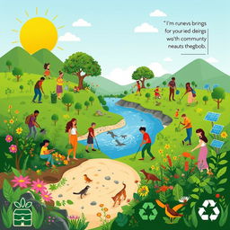 A vibrant and uplifting poster showcasing the positive effects of human beings on their environment