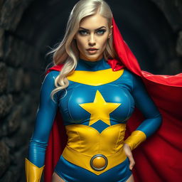 A stunning close-up shot of a gorgeous white female superhero featuring a blue and yellow costume