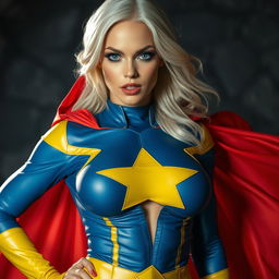 A stunning close-up shot of a gorgeous white female superhero featuring a blue and yellow costume