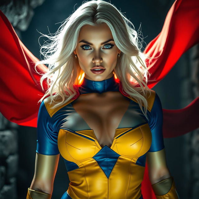 A stunning close-up shot of a gorgeous white female superhero featuring a blue and yellow costume