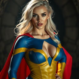 A stunning close-up shot of a gorgeous white female superhero featuring a blue and yellow costume