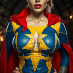 A close-up shot focusing on the chest and torso of a stunning white female character wearing a vibrant blue and yellow costume