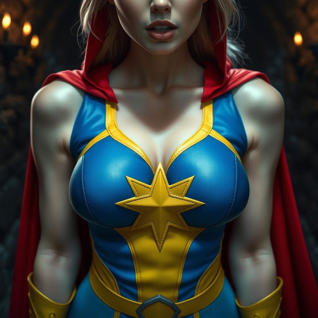 A close-up shot focusing on the chest and torso of a stunning white female character wearing a vibrant blue and yellow costume