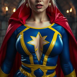 A close-up shot focusing on the chest and torso of a stunning white female character wearing a vibrant blue and yellow costume