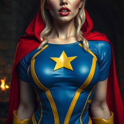 A close-up shot focusing on the chest and torso of a stunning white female character wearing a vibrant blue and yellow costume