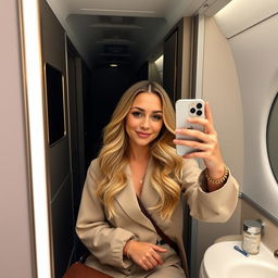 Clara, a beautiful blonde woman with long, wavy hair, sitting in a luxury airplane bathroom, wearing an elegant travel outfit complemented by refined accessories