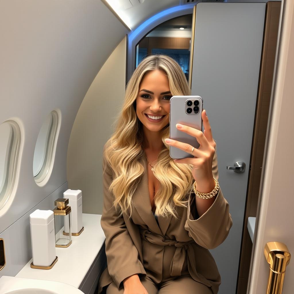 Clara, a beautiful blonde woman with long, wavy hair, sitting in a luxury airplane bathroom, wearing an elegant travel outfit complemented by refined accessories