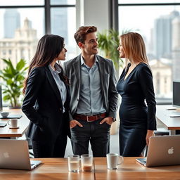 A love triangle scene set in a modern office environment, featuring two stylish girls – one with long dark hair wearing a smart casual blazer and light blue blouse, the other with short blonde hair in a fitted dress