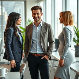 A love triangle scene set in a modern office environment, featuring two stylish girls – one with long dark hair wearing a smart casual blazer and light blue blouse, the other with short blonde hair in a fitted dress