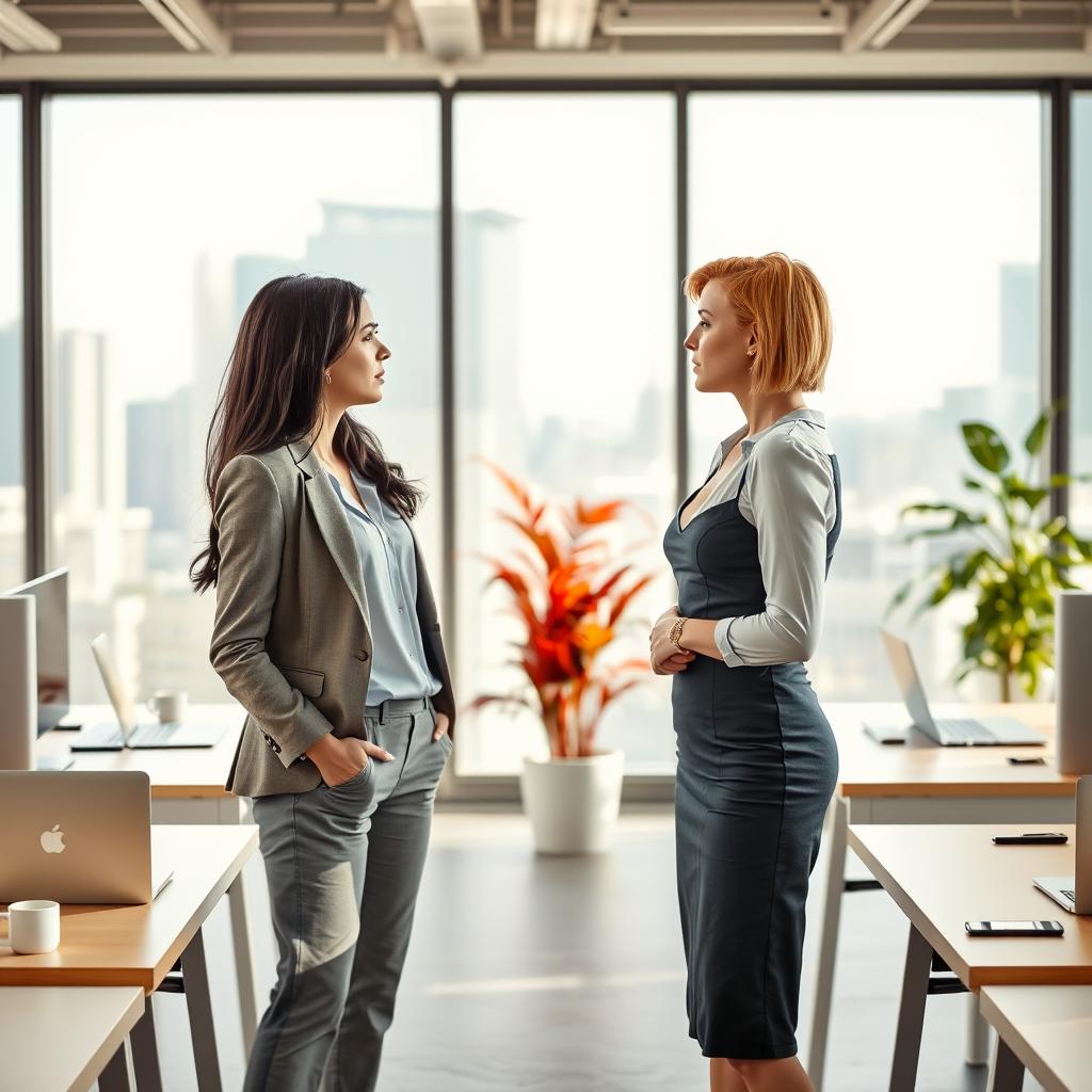 A love triangle scene set in a modern office environment, featuring two stylish girls – one with long dark hair wearing a smart casual blazer and light blue blouse, the other with short blonde hair in a fitted dress