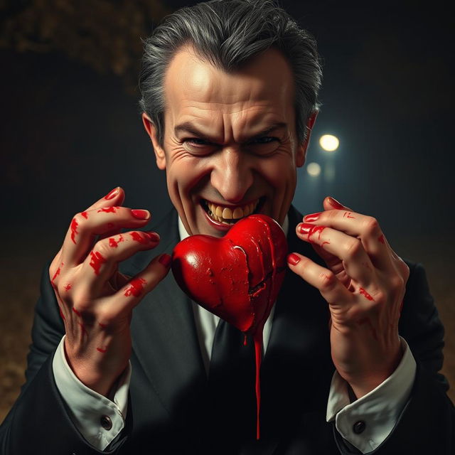 A portrait of a forty-year-old man with an unpleasant expression, holding a heart and biting off a piece