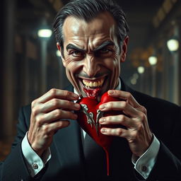 A portrait of a forty-year-old man with an unpleasant expression, holding a heart and biting off a piece