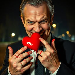 A portrait of a forty-year-old man with an unpleasant expression, holding a heart and biting off a piece