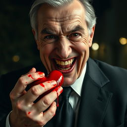 A portrait of a forty-year-old man with an unpleasant expression, holding a heart and biting off a piece