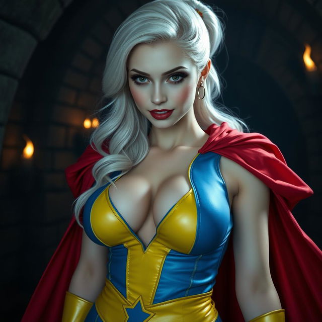 A close-up shot of a gorgeous white female character in a vibrant blue and yellow costume with a star-shaped hole in her chest