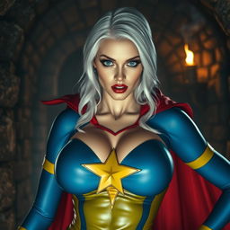 A close-up shot of a gorgeous white female character in a vibrant blue and yellow costume with a star-shaped hole in her chest