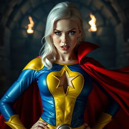 A close-up shot of a gorgeous white female character in a vibrant blue and yellow costume with a star-shaped hole in her chest