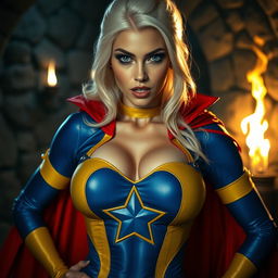 A close-up shot of a gorgeous white female character in a vibrant blue and yellow costume with a star-shaped hole in her chest