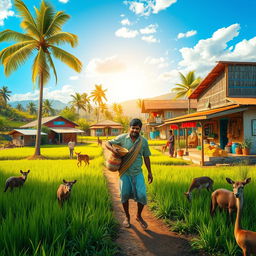A picturesque scene set in a vibrant Tamil village, showcasing a 25-year-old man engaged in daily life