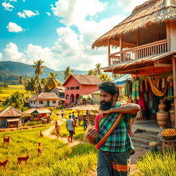 A picturesque scene set in a vibrant Tamil village, showcasing a 25-year-old man engaged in daily life