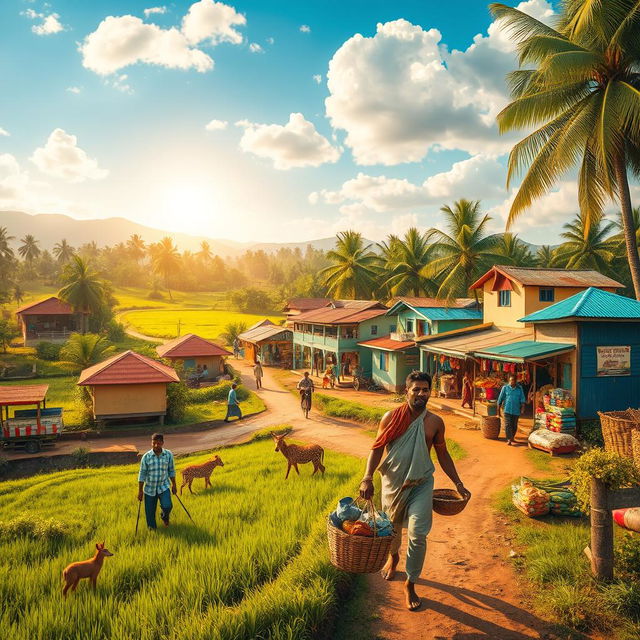 A picturesque scene set in a vibrant Tamil village, showcasing a 25-year-old man engaged in daily life