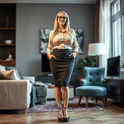 A stunning 50-year-old Russian classroom teacher with beautiful long blonde hair, wearing stylish glasses