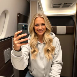Clara, a beautiful blonde woman with long, wavy hair, sitting in a luxury airplane bathroom, wearing a stylish hoodie and refined accessories
