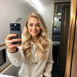 Clara, a beautiful blonde woman with long, wavy hair, sitting in a luxury airplane bathroom, wearing a stylish hoodie and refined accessories
