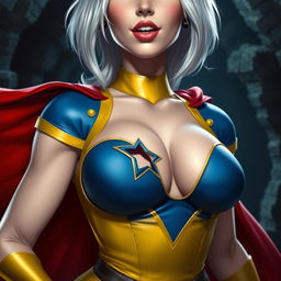A close-up shot of a gorgeous white female character, showcasing her torso adorned in a blue and yellow costume featuring a star-shaped hole in the center of her chest, revealing a large chest and ample cleavage
