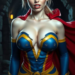 A close-up shot of a gorgeous white female character, showcasing her torso adorned in a blue and yellow costume featuring a star-shaped hole in the center of her chest, revealing a large chest and ample cleavage