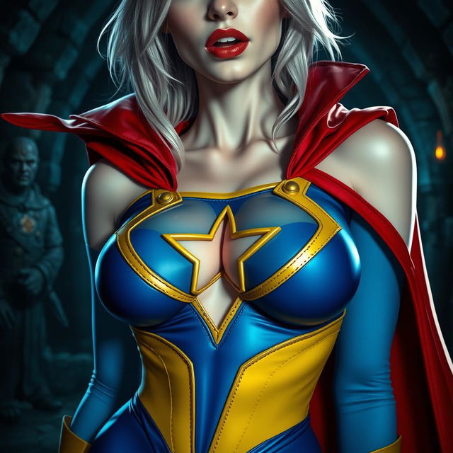 A close-up shot of a gorgeous white female character, showcasing her torso adorned in a blue and yellow costume featuring a star-shaped hole in the center of her chest, revealing a large chest and ample cleavage