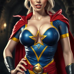 A close-up shot of a gorgeous white female character, showcasing her torso adorned in a blue and yellow costume featuring a star-shaped hole in the center of her chest, revealing a large chest and ample cleavage