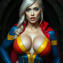 A close-up shot of a gorgeous white female superhero in a dramatic pose, showcasing her large chest and ample cleavage
