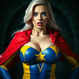 A close-up shot of a gorgeous white female superhero in a dramatic pose, showcasing her large chest and ample cleavage