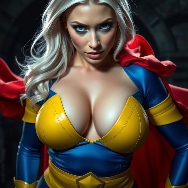 A close-up shot of a gorgeous white female superhero in a dramatic pose, showcasing her large chest and ample cleavage