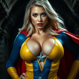 A close-up shot of a gorgeous white female superhero in a dramatic pose, showcasing her large chest and ample cleavage