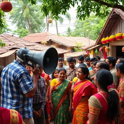 A lively scene in a Tamil village featuring a loudspeaker broadcasting announcements, music, or community messages