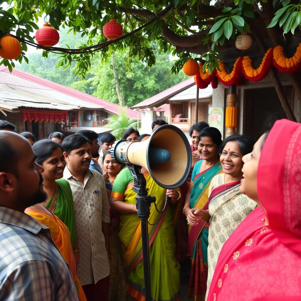 A lively scene in a Tamil village featuring a loudspeaker broadcasting announcements, music, or community messages